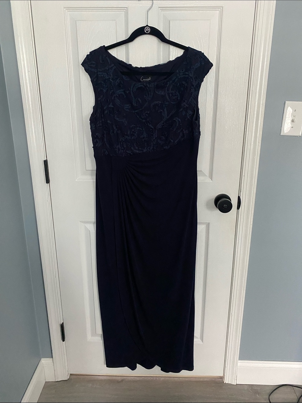 Connected Apparel Navy Cap-Sleeve Event Dress with Embroidered Bodice